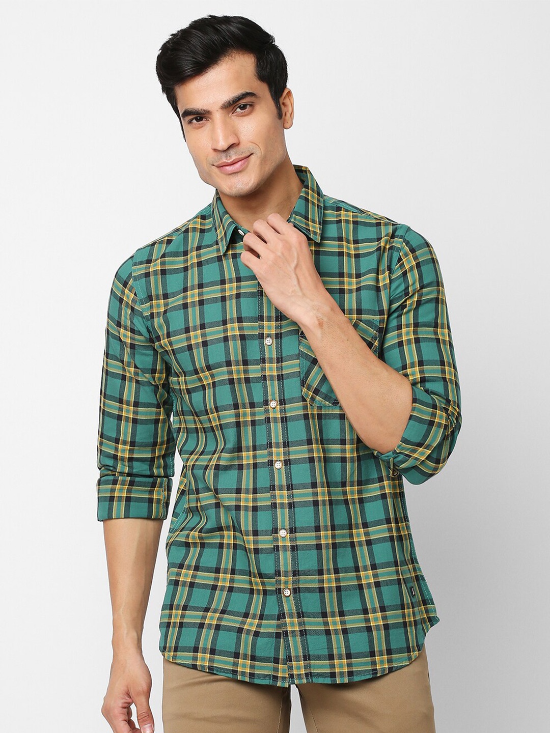 

Solemio Tartan Checks Slim Fit Twill Cotton Casual Shirt, Green