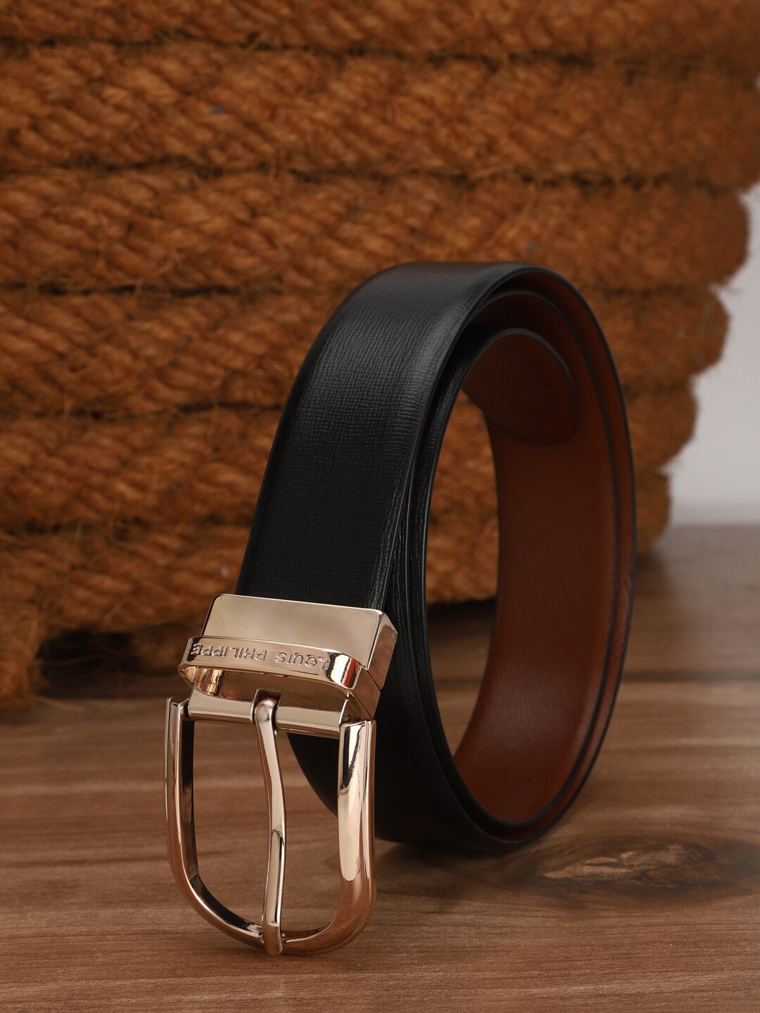 

Louis Philippe Men Leather Reversible Formal Belt, Black