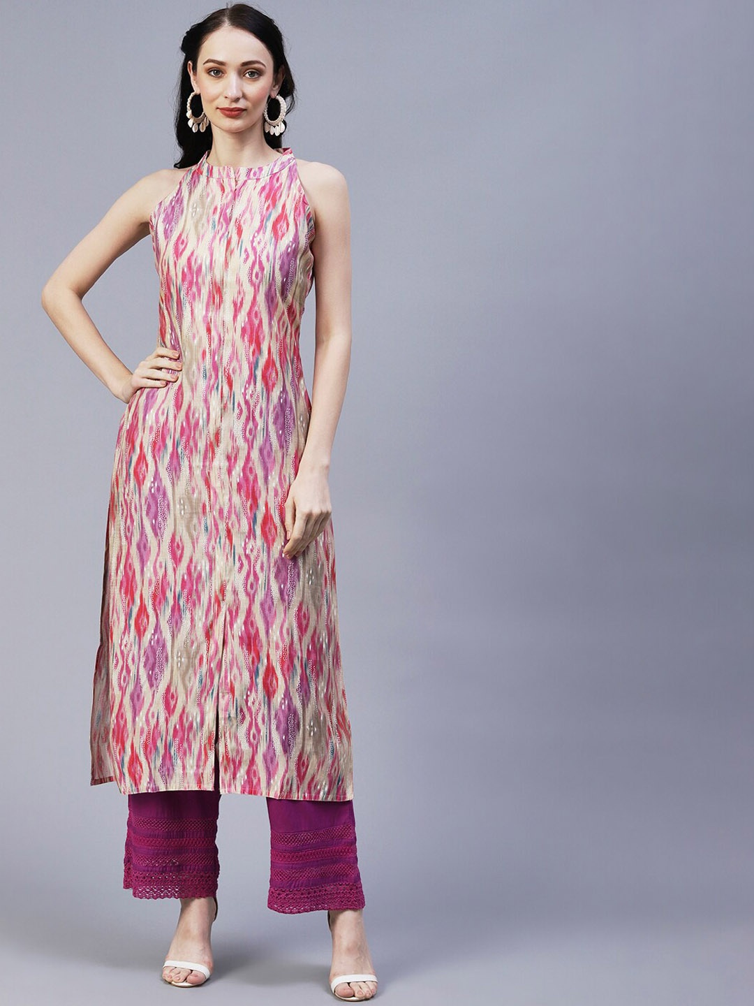 

FASHOR Sleeveless Ethnic Motifs Ikat Printed Straight Kurta, Beige