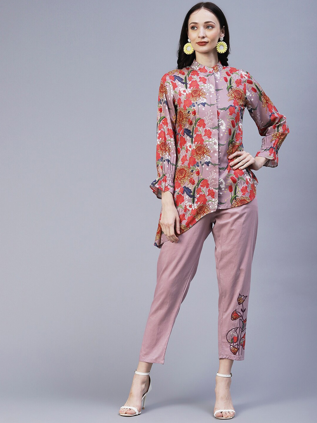 

FASHOR Floral Printed Embroidered Top & Trousers Co-Ords, Mauve