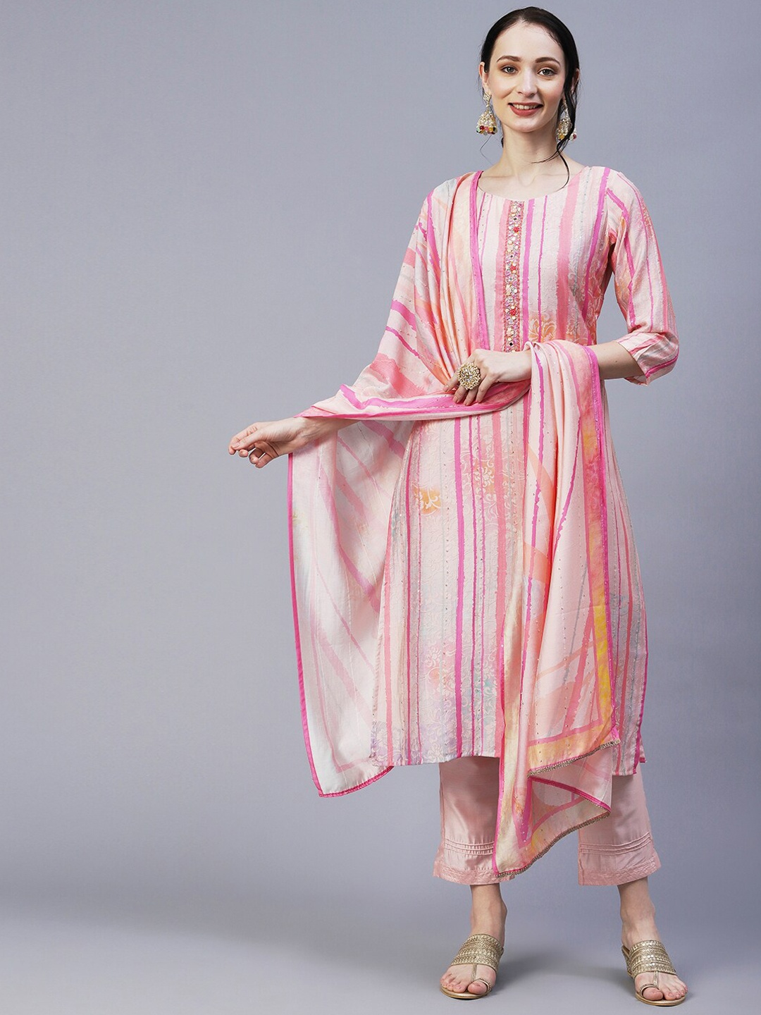 

FASHOR Striped Mirror Work Kurta with Trousers & Dupatta, Pink