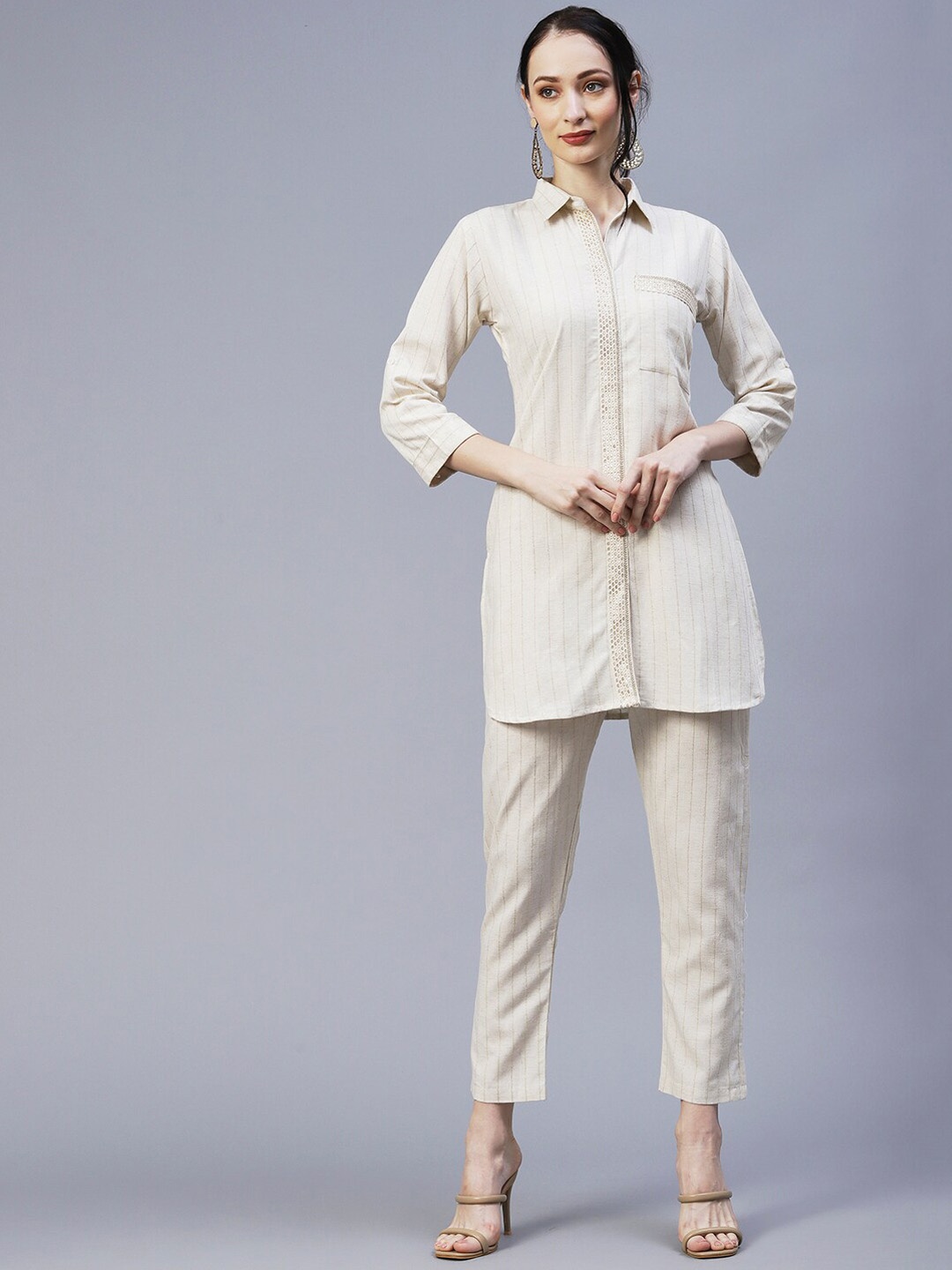 

FASHOR Striped Sequins & Resham Embroidered Lace Ornamented A-Line Shirt & Trouser Co Ords, Off white