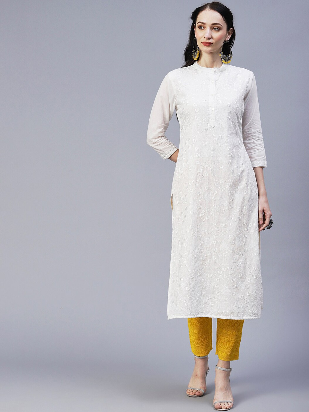 

FASHOR Floral Embroidered Band Collar Pure Cotton Straight Kurta, White