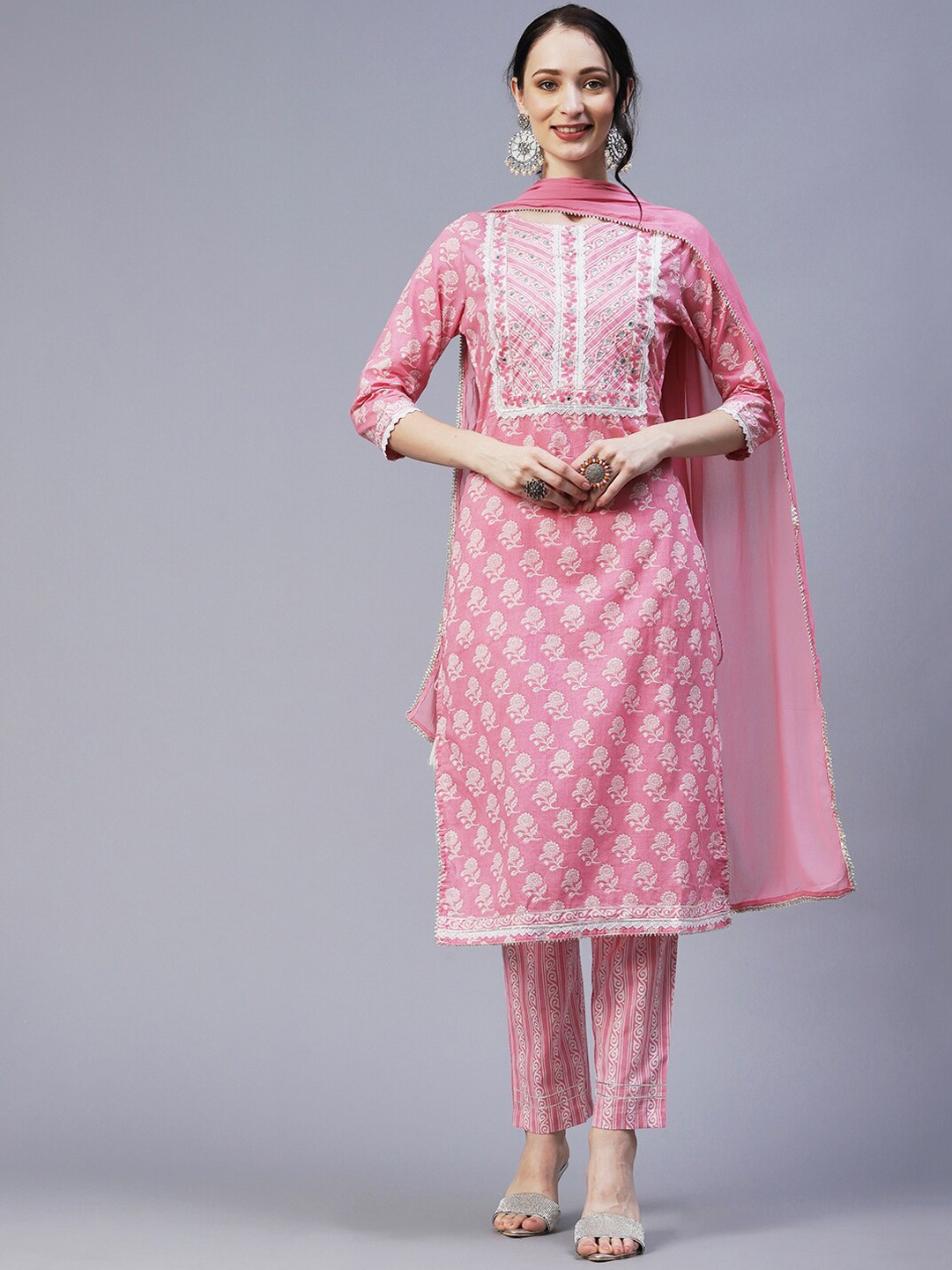 

FASHOR Floral Printed Mirror Work Pure Cotton Kurta with Trousers & Dupatta, Pink