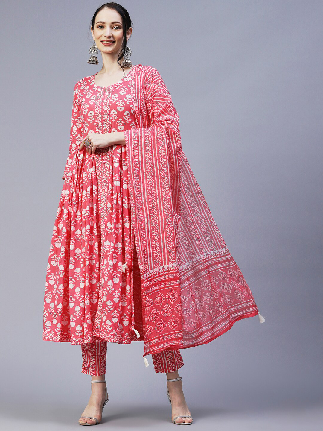 

FASHOR Floral Printed A-Line Pleated Pure Cotton Kurta with Trousers & Dupatta, Peach