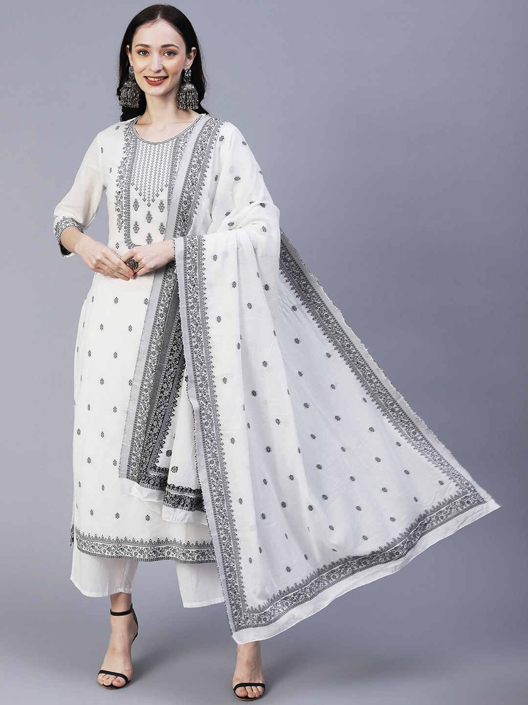 

FASHOR Ethnic Motifs Printed Pure Cotton Kurta with Palazzos & Dupatta, White