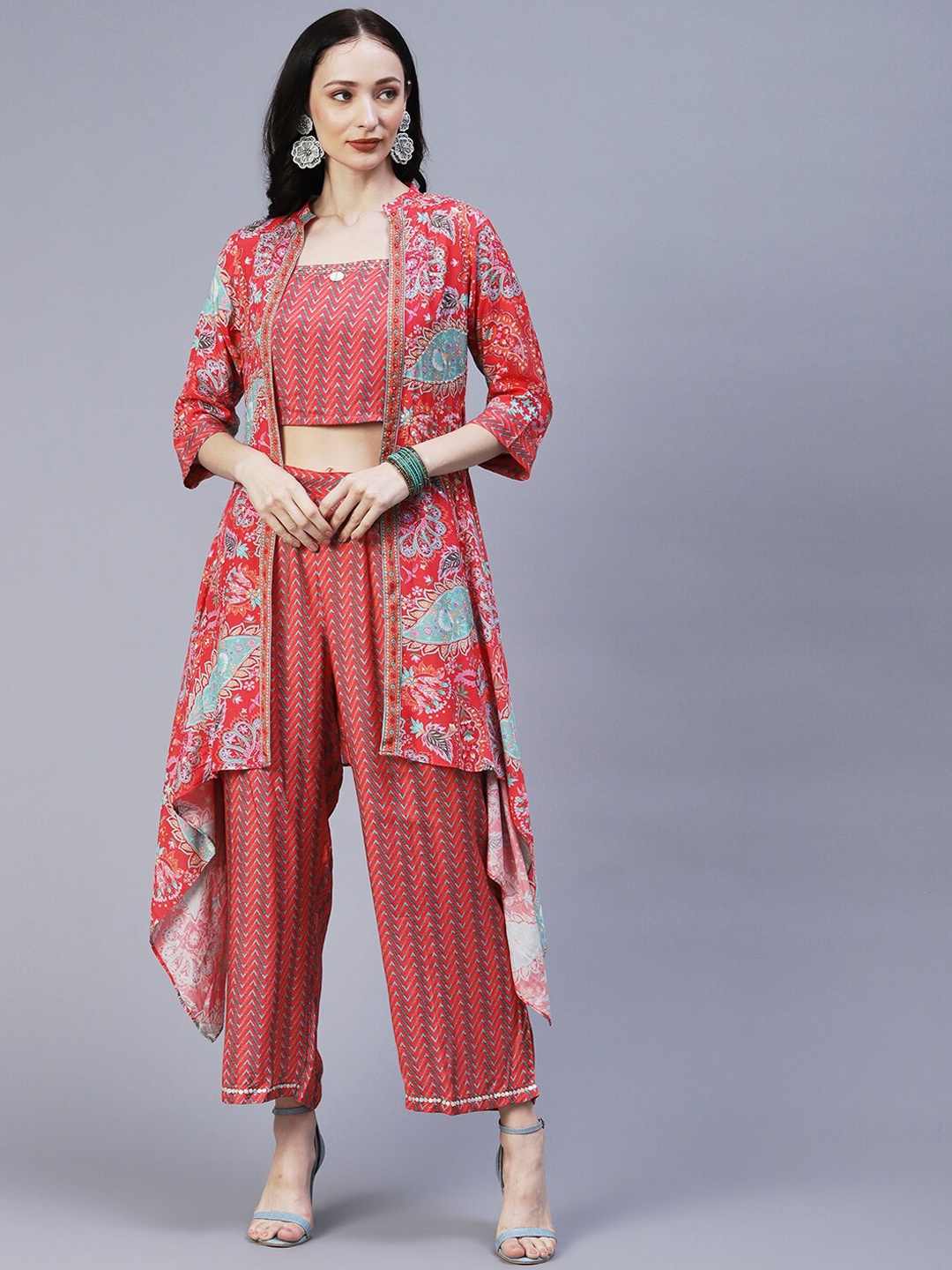 

FASHOR Woman Chevron Printed Embroidered Crop Top With Palazzo & Floral Angular Cut Jacket, Coral