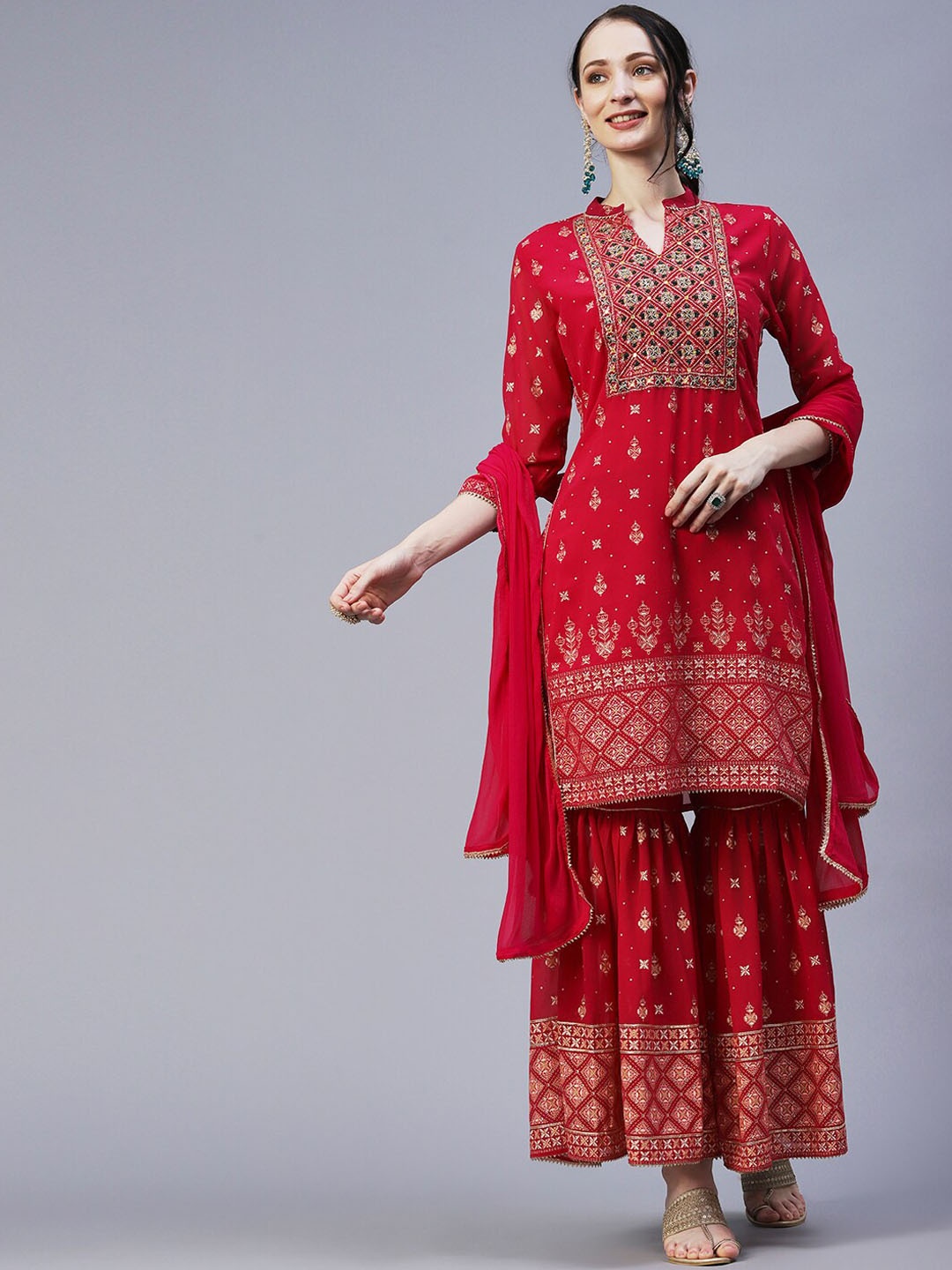 

FASHOR Ethnic Motifs Printed Thread Work Kurta with Sharara & Dupatta, Red