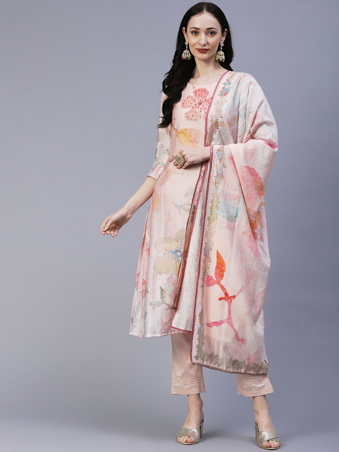 

FASHOR Floral Printed Beads & Stones Kurta with Trousers & Dupatta, Peach