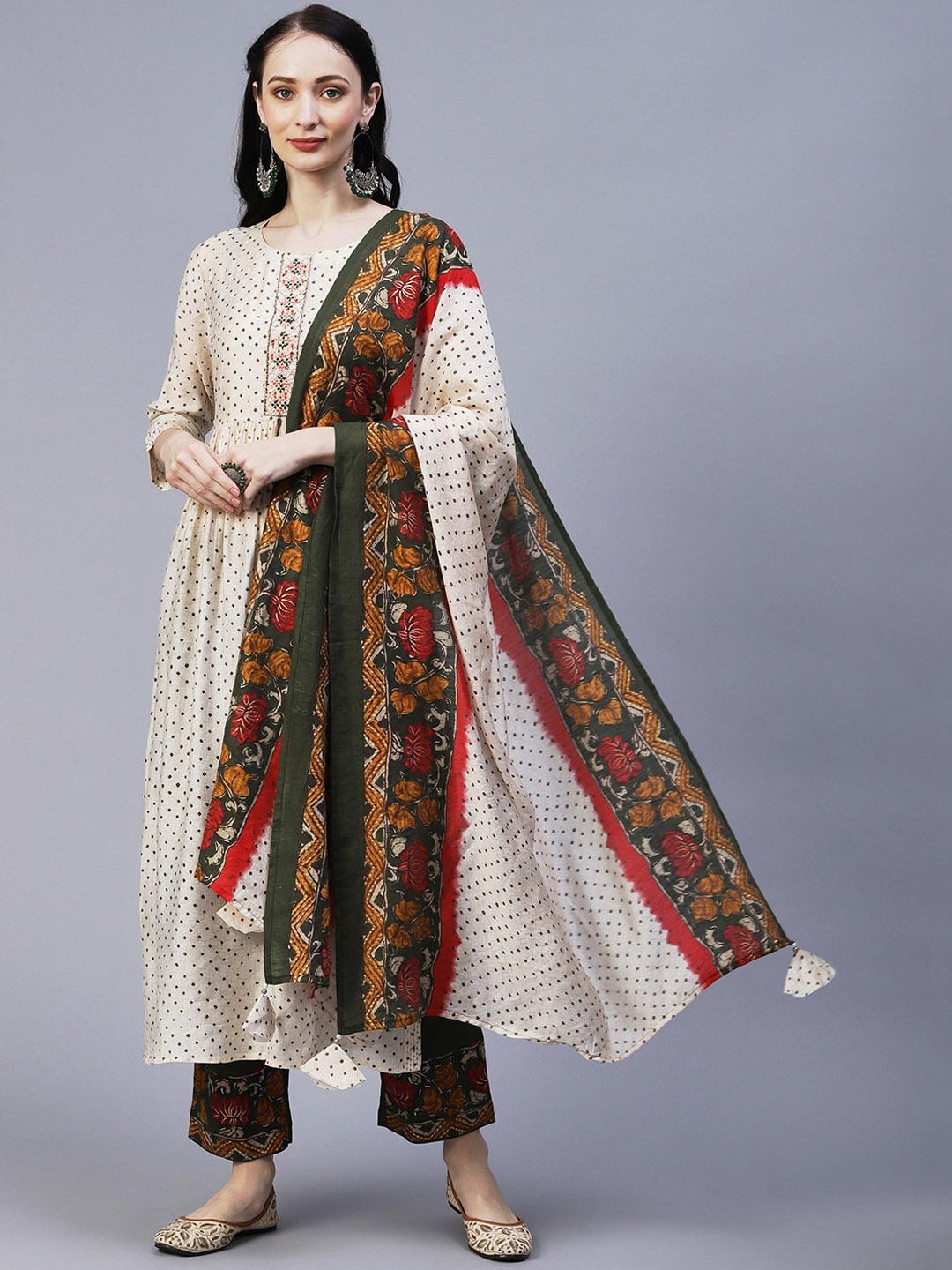 

FASHOR Ethnic Motifs Printed Thread Work Kurta with Trousers & Dupatta, Cream