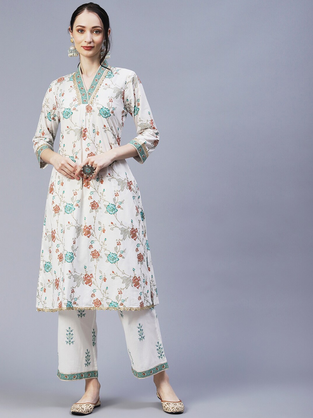 

FASHOR Floral Foil Printed Thread Work A-Line Pure Cotton Kurta with Palazzos, Off white