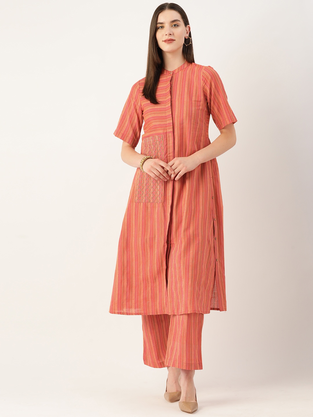 

MISRI Women Striped Regular Pure Cotton Kurta With Trousers, Multi