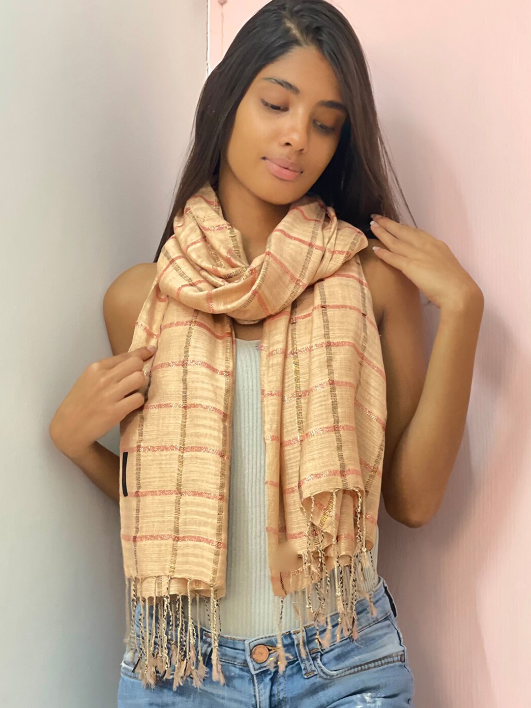 

Ayesha Women Beige Striped Viscose Scarf