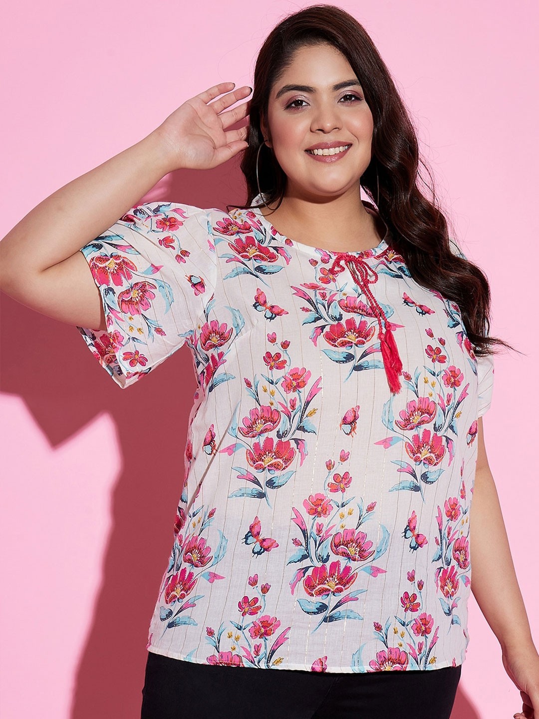 

AUSTIVO Plus Size Floral Printed and Striped Tie-Up Neck Georgette Top, White