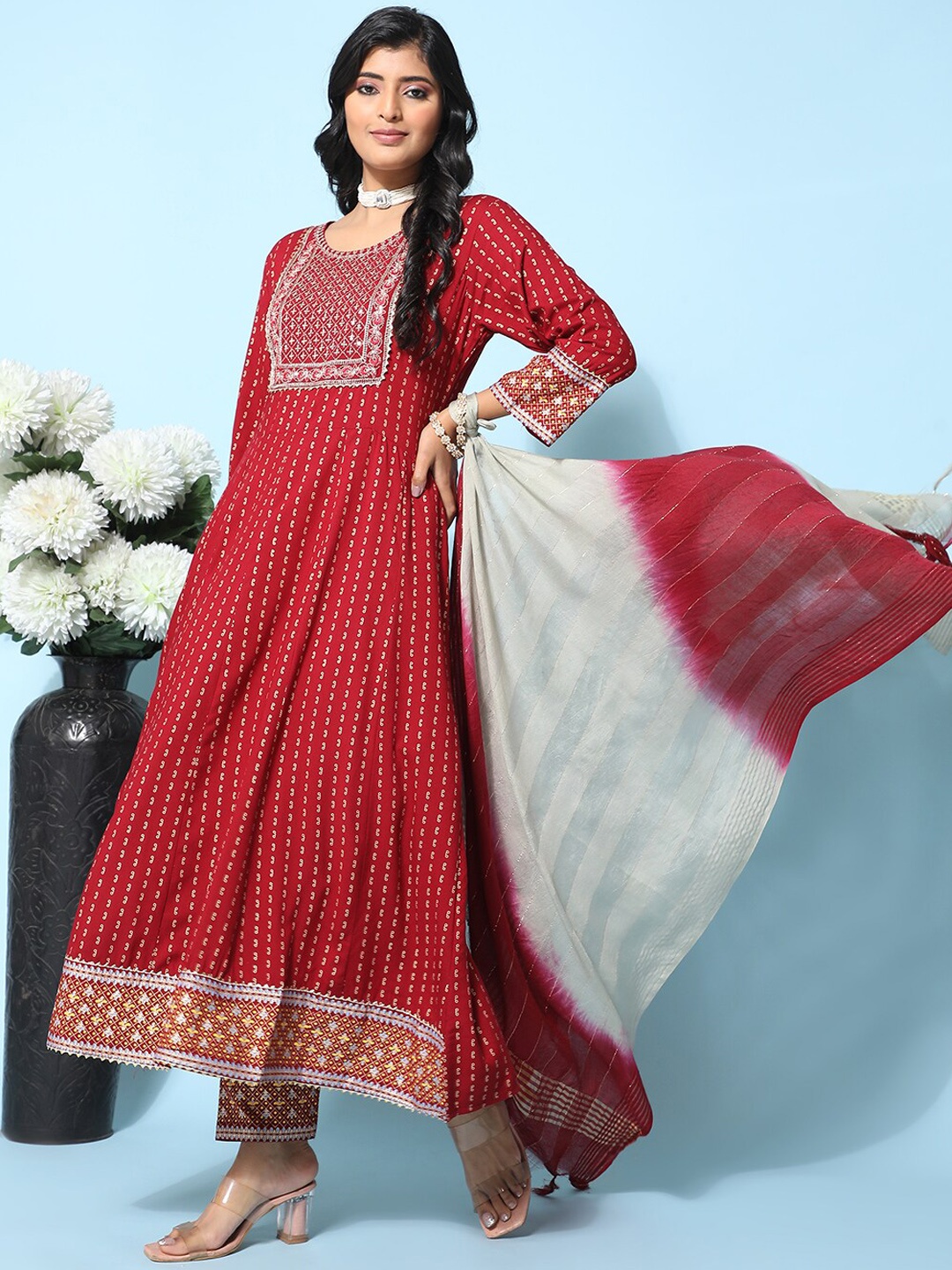 

Ziva Fashion Ethnic Motifs Printed Thread Work Sequinned Kurta with Trousers & Dupatta, Red