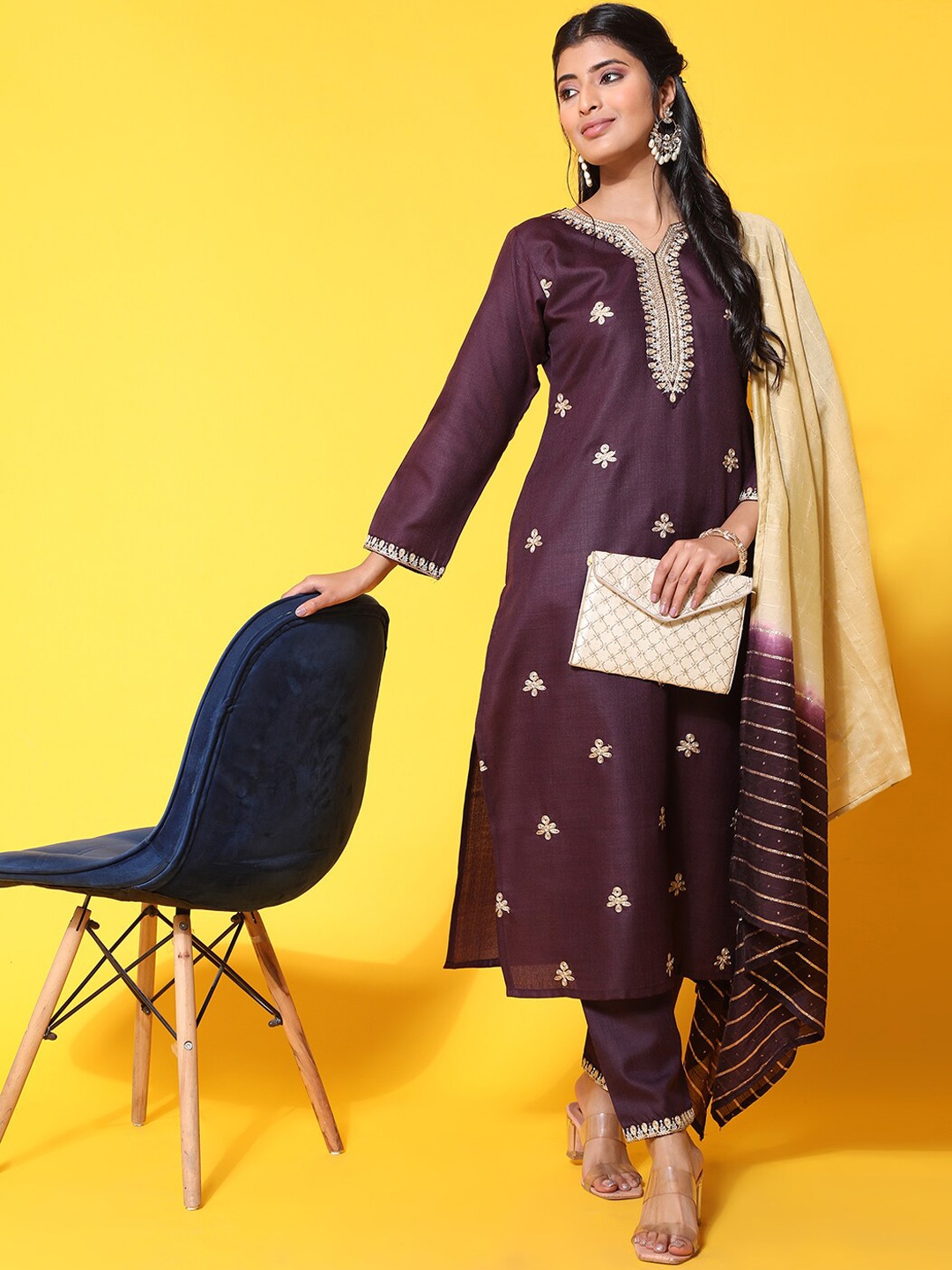 

Ziva Fashion Ethnic Motifs Embroidered Zari Kurta with Trousers & Dupatta, Purple