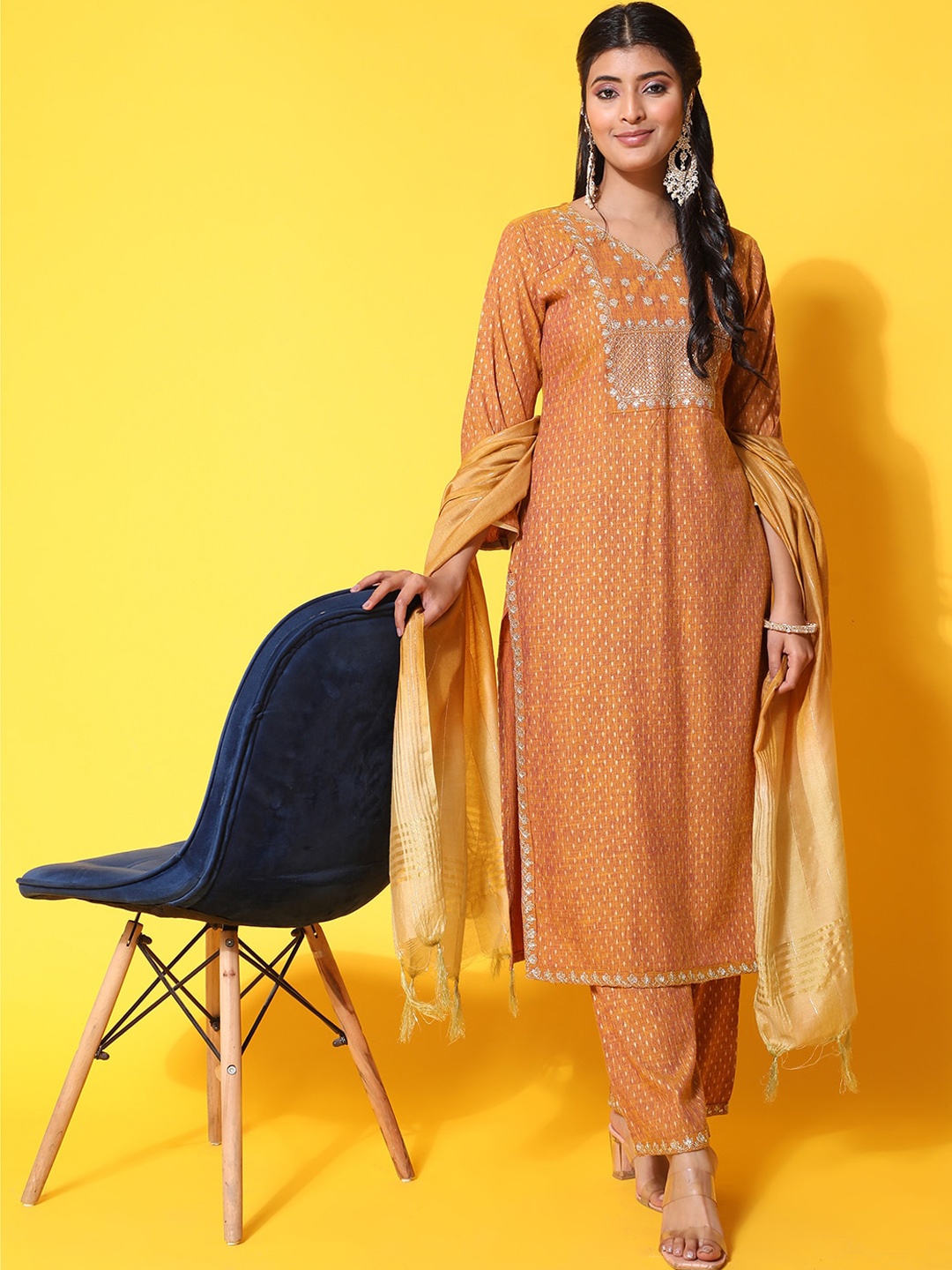 

Ziva Fashion Ethnic Motifs Printed Sequined Zari Kurta with Trousers & Dupatta, Mustard