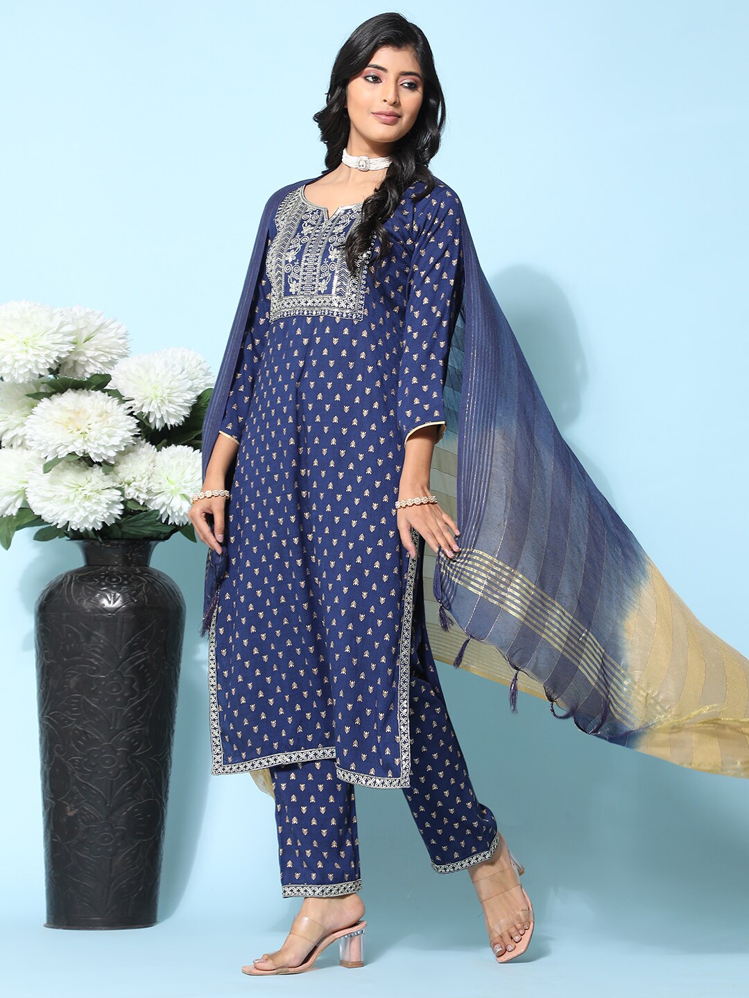 

Ziva Fashion Ethnic Motifs Printed Zari Sequinned Kurta with Trousers & Dupatta, Navy blue