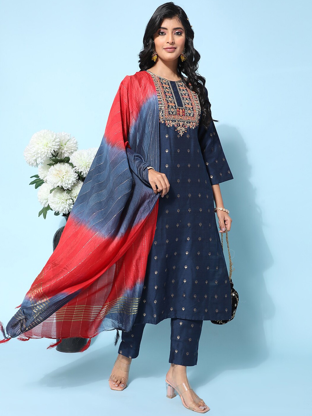 

Ziva Fashion Ethnic Motifs Embroidered Zari Pure Silk Kurta with Trousers & Dupatta, Navy blue