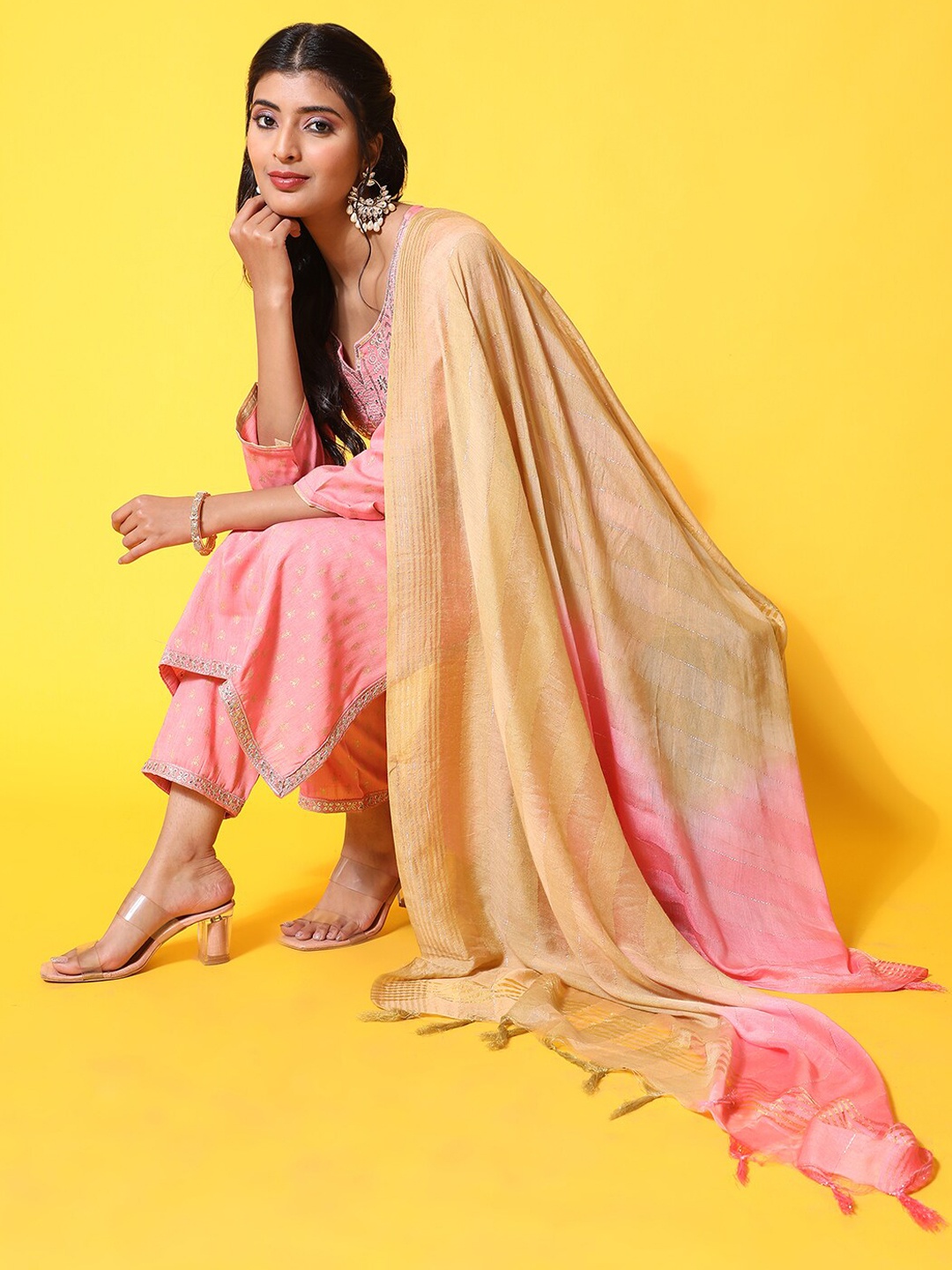 

Ziva Fashion Ethnic Motifs Printed Zari Sequined Kurta with Trousers & Dupatta, Pink