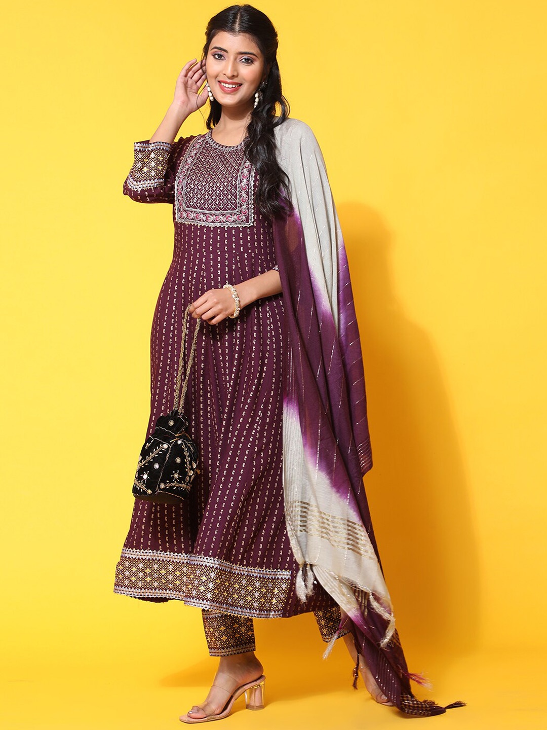 

Ziva Fashion Floral Embroidered Zari Sequined Anarkali Kurta with Trousers & Dupatta, Burgundy