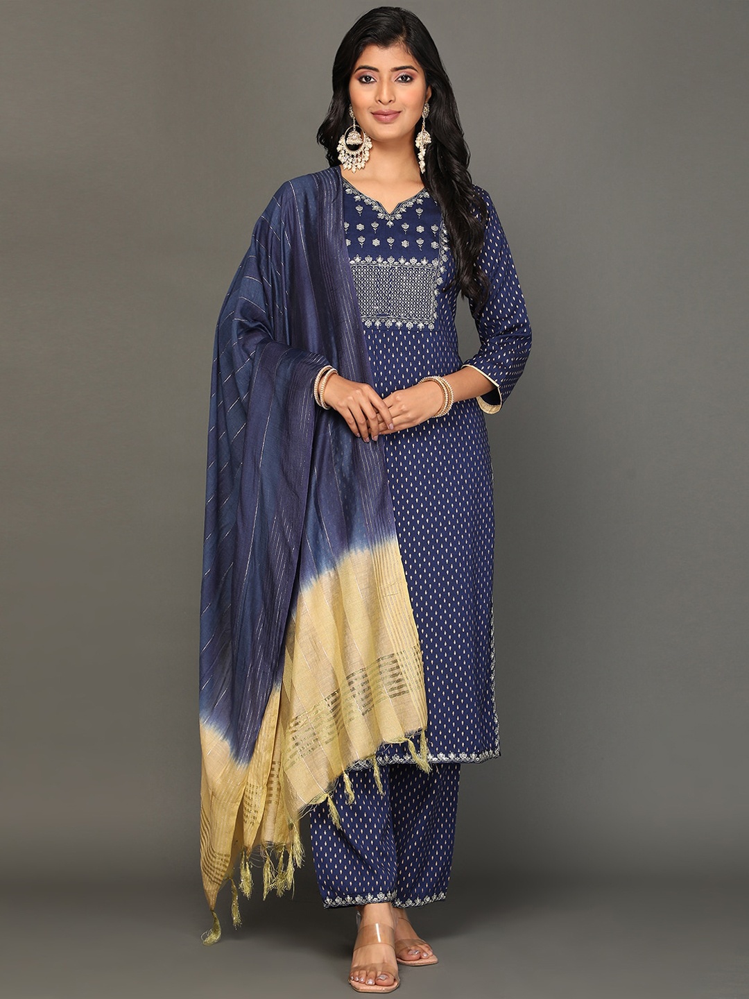 

Ziva Fashion Ethnic Motifs Printed Zari Sequined Kurta with Trousers & Dupatta, Navy blue