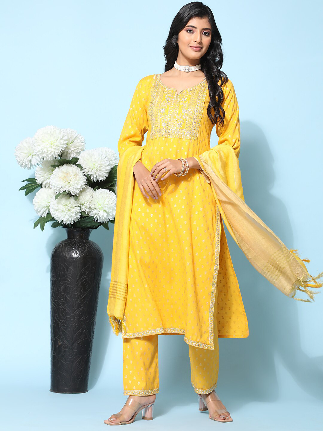 

Ziva Fashion Ethnic Motifs Printed Sequined Zari Kurta with Trousers & Dupatta, Yellow