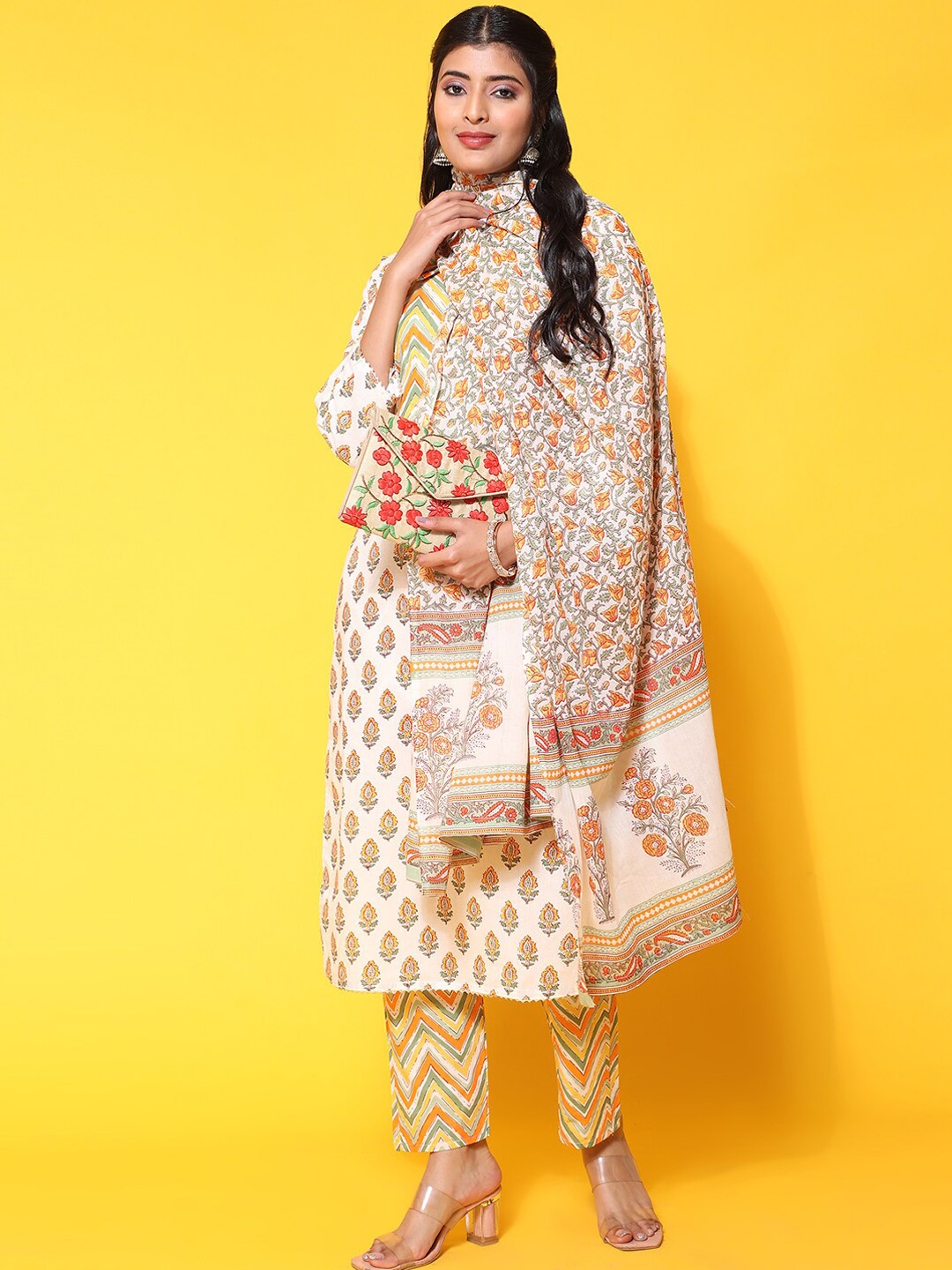 

Ziva Fashion Ethnic Motifs Printed Tie-Up Neck Pure Cotton Kurta with Trousers & Dupatta, Off white