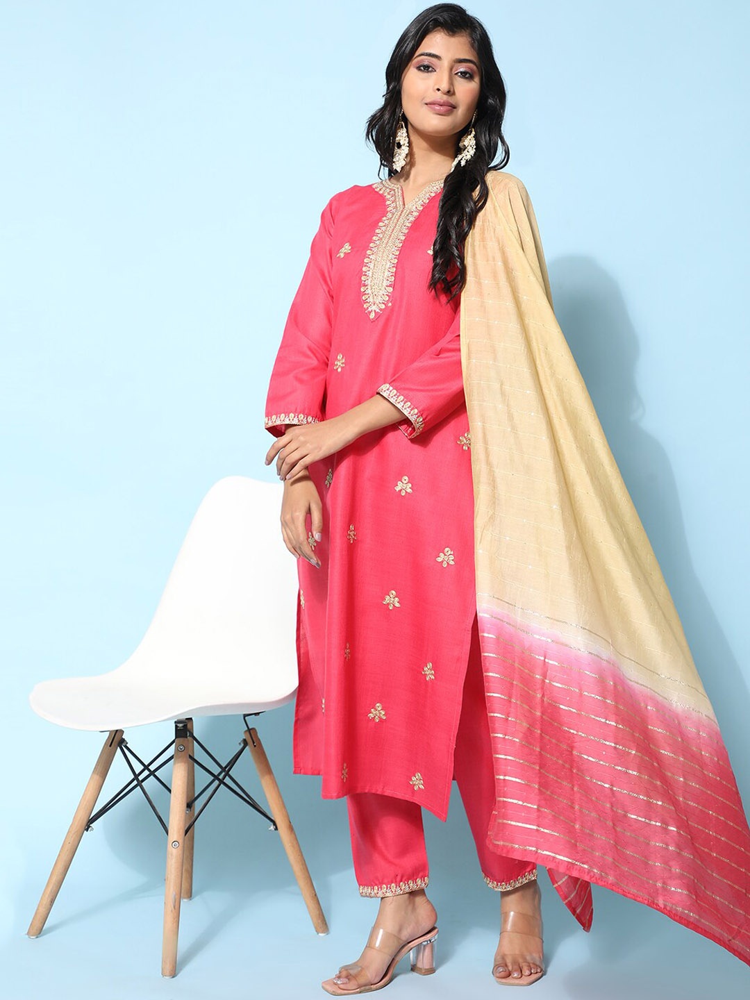 

Ziva Fashion Ethnic Motifs Embroidered Zari Kurta with Trousers & Dupatta, Peach