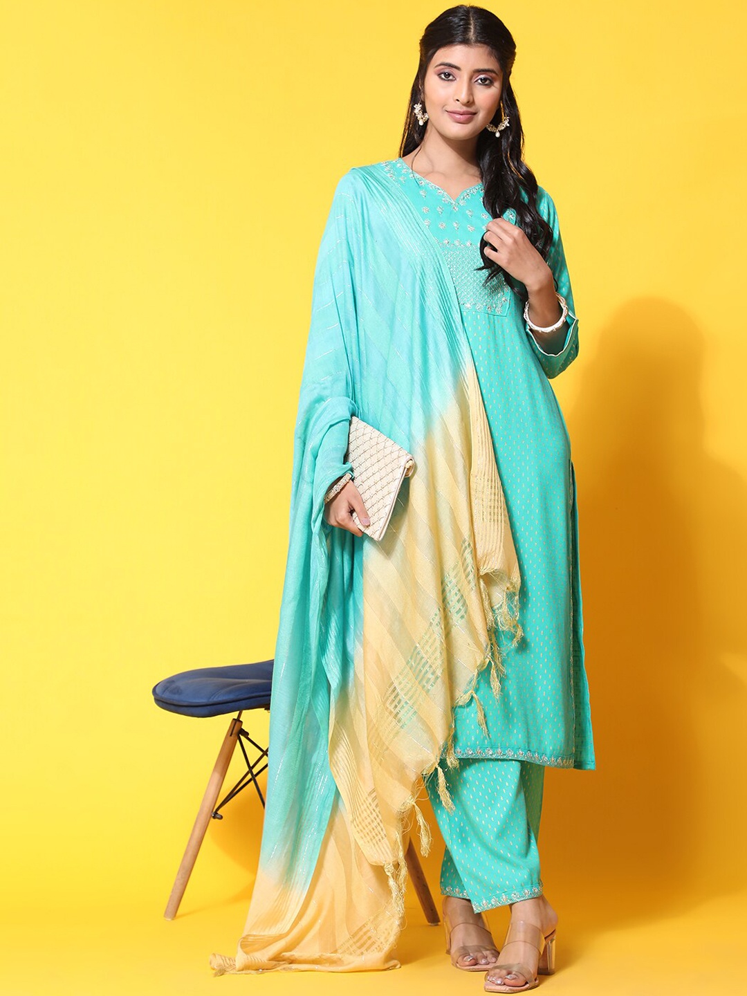 

Ziva Fashion Ethnic Motifs Printed Sequined Zari Kurta with Palazzos & Dupatta, Turquoise blue