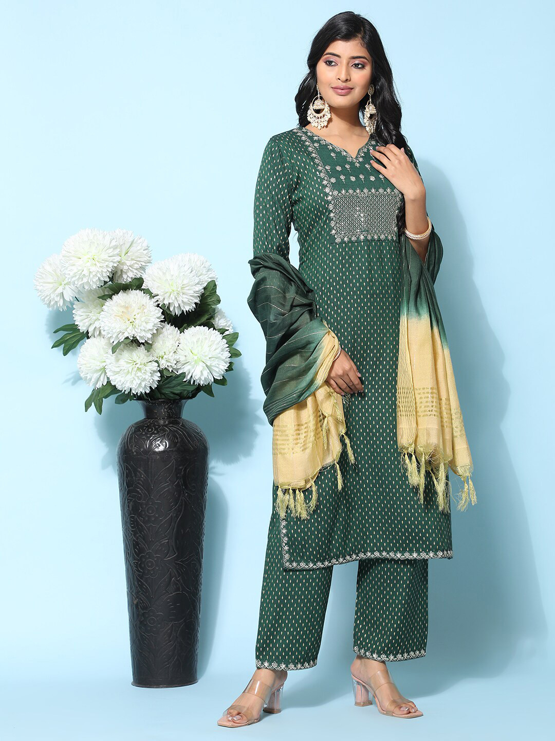 

Ziva Fashion Ethnic Motifs Printed Sequined Thread Work Kurta with Trousers & Dupatta, Green