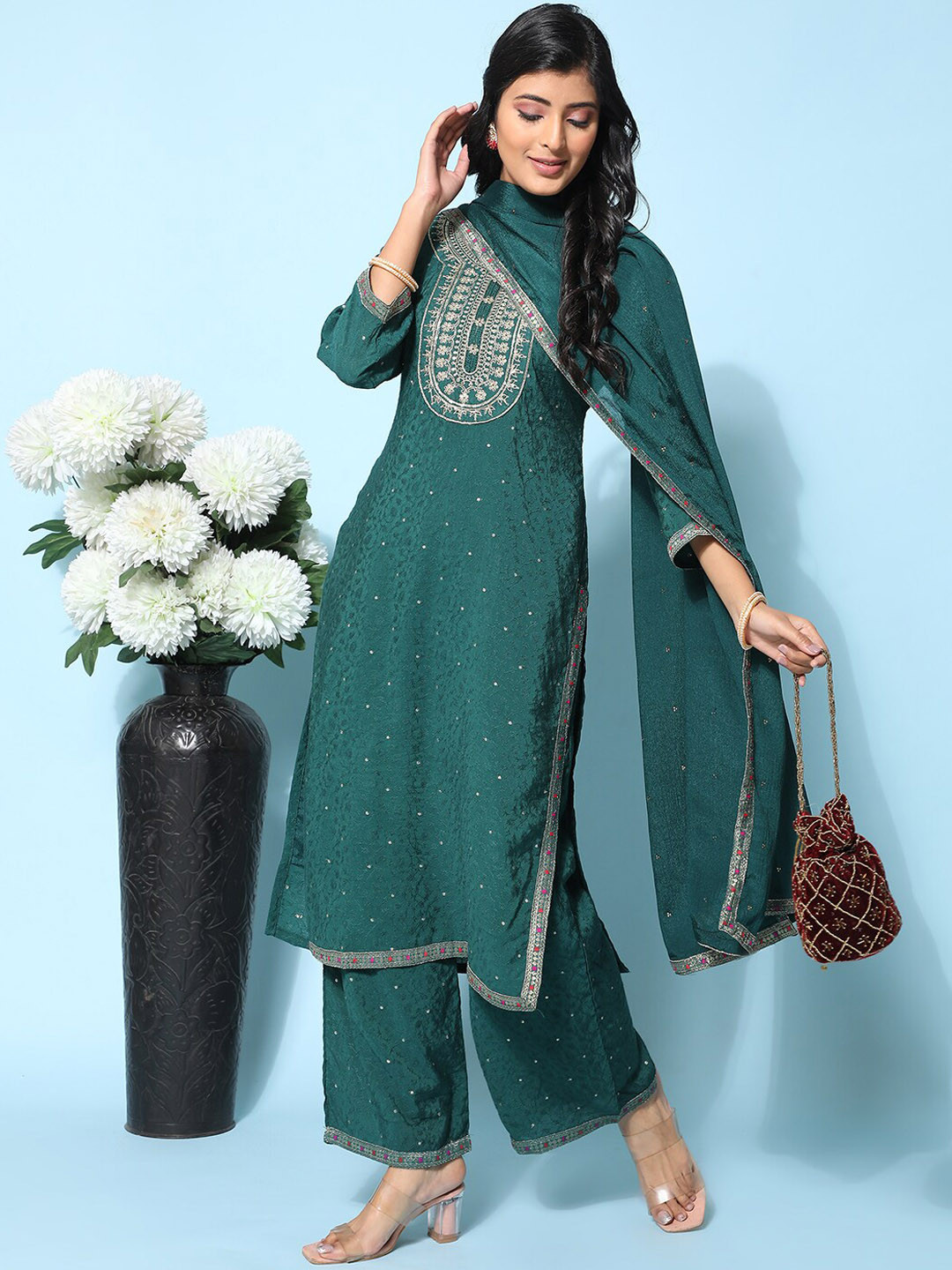 

Ziva Fashion Ethnic Motifs Embroidered Sequinned Pure Silk Kurta with Palazzos & Dupatta, Green