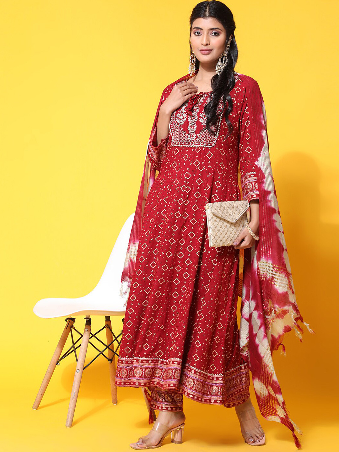 

Ziva Fashion Ethnic Motifs Printed Gotta Patti Kurta with Trousers & Dupatta, Red