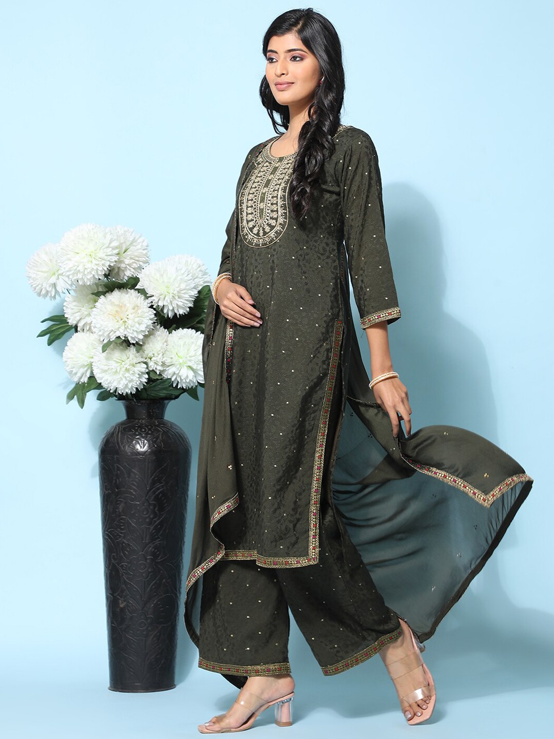 

Ziva Fashion Ethnic Embroidered Zari Sequined Pure Silk Kurta with Palazzos & Dupatta, Olive