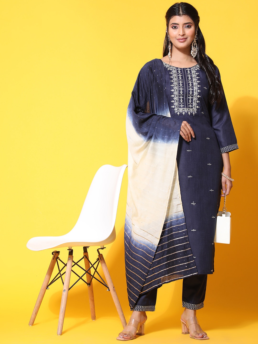 

Ziva Fashion Ethnic Motifs Embroidered Zari Kurta with Trousers & Dupatta, Navy blue