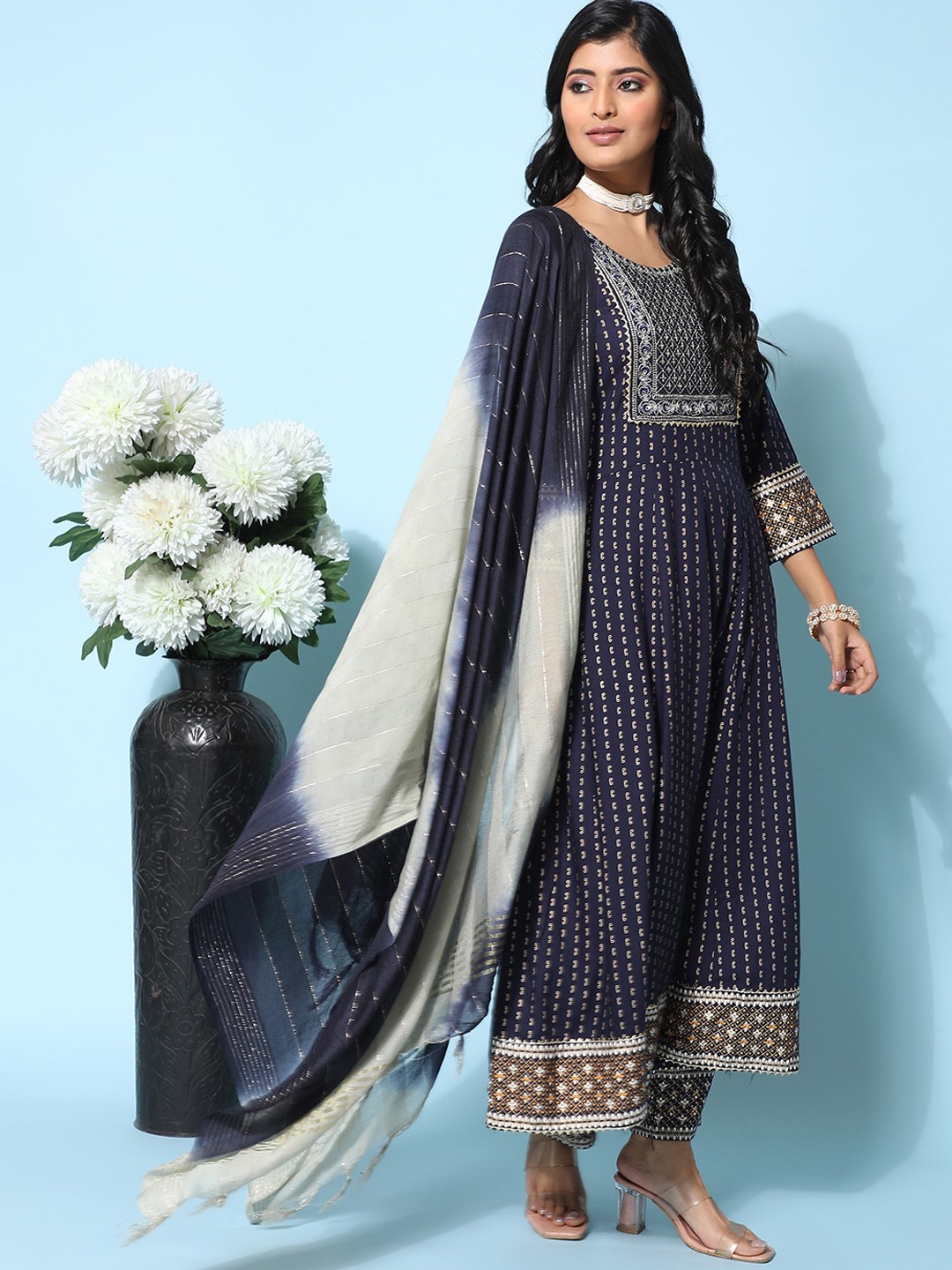 

Ziva Fashion Ethnic Motifs Printed Sequined Zari Kurta with Trousers & Dupatta, Navy blue