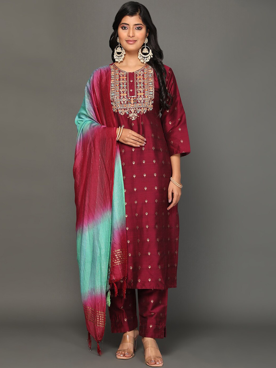 

Ziva FashionEthnic Motifs Woven Design Thread Work Pure Silk Kurta with Trousers & Dupatta, Maroon