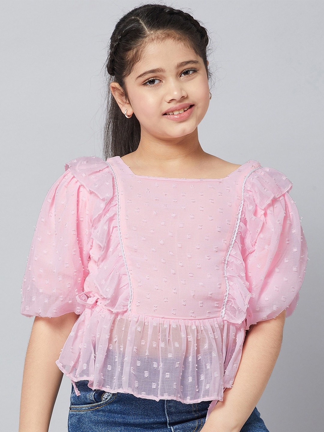 

Stylo Bug Girls Puff Sleeve Ruffles Chiffon Semi Sheer Peplum Top, Pink