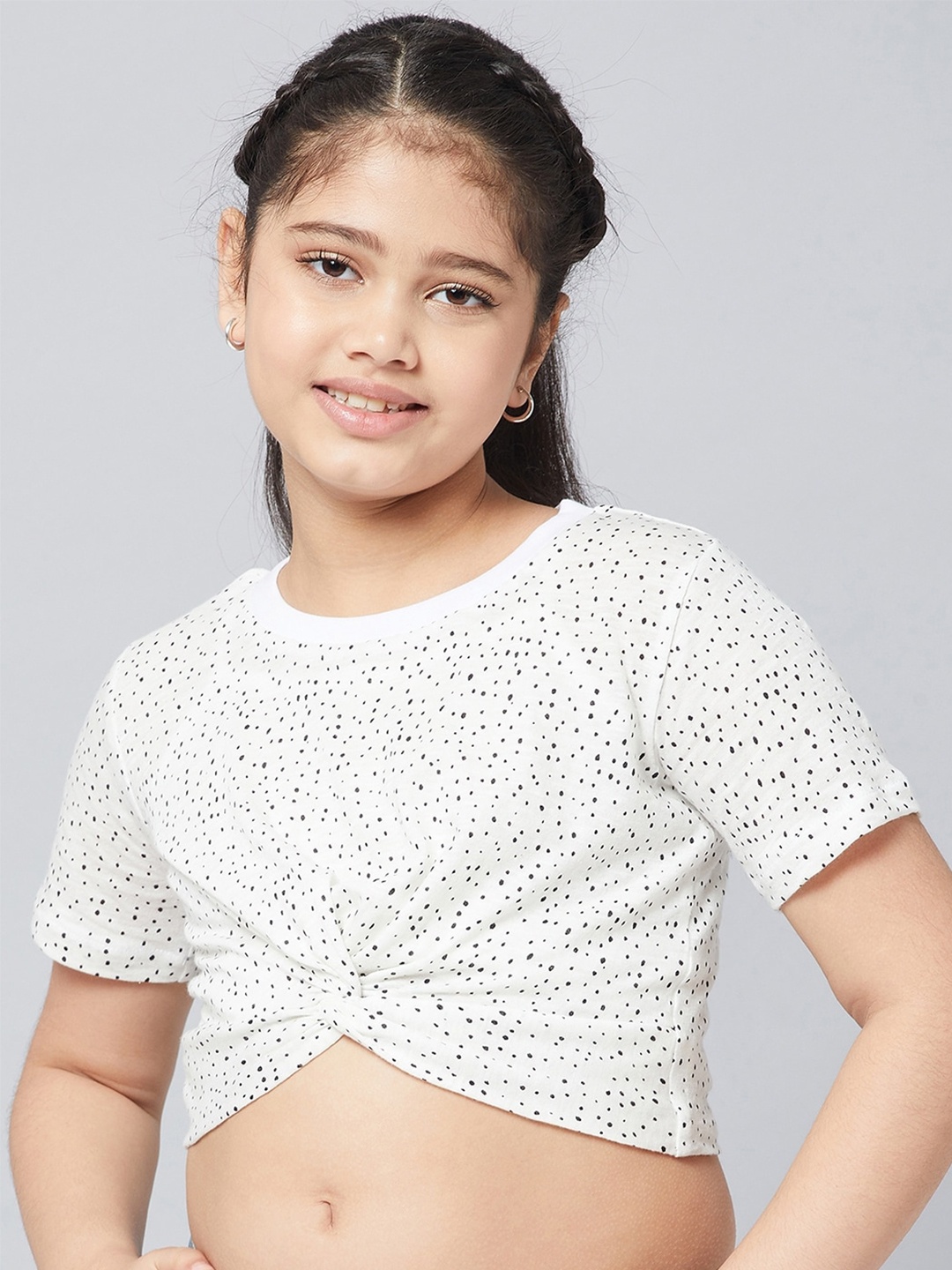

Stylo Bug Girls Polka Dots Printed Cotton Crepe Crop Top, White