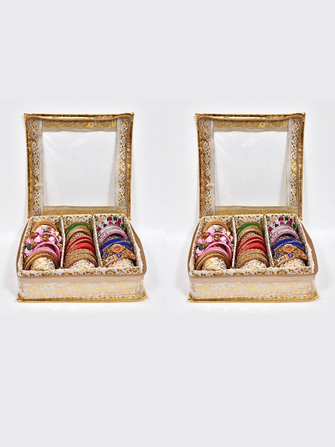 

Home Fresh Gold-Toned & White 2 Pieces Self-Design 3-Rod Bangle Box Organizers