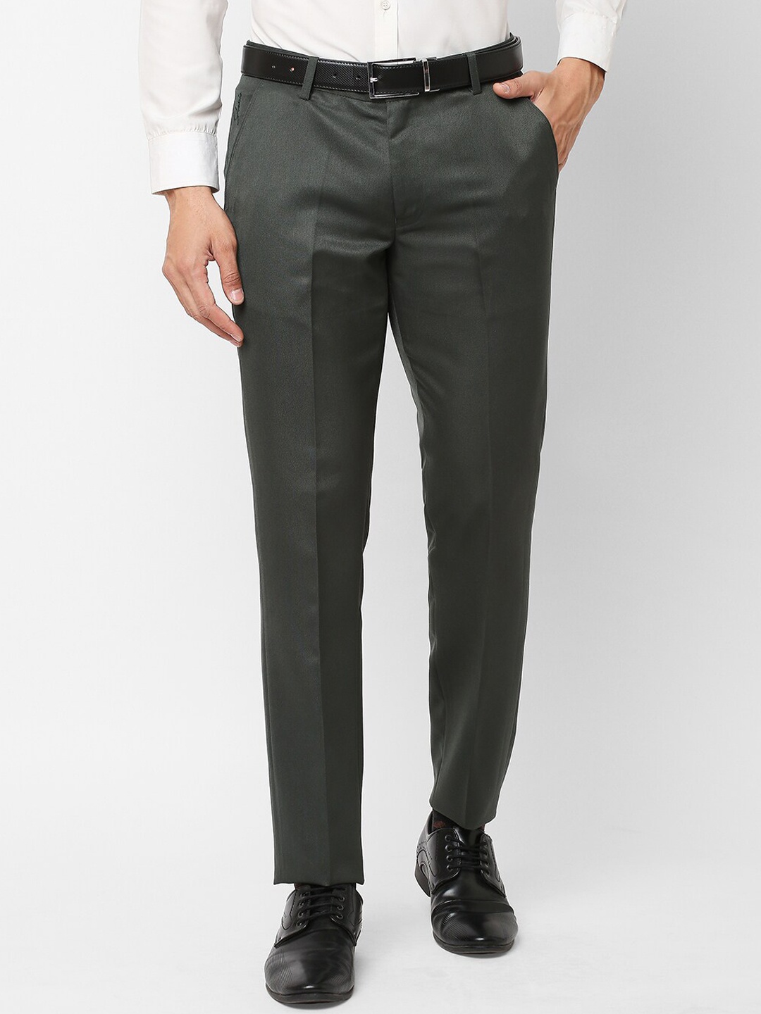 

Solemio Men Flat-Front Woven Slim Fit Easy Wash Formal Trousers, Green