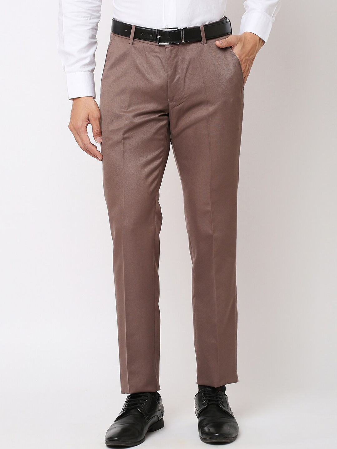 

Solemio Men Flat-Front Woven Slim Fit Easy Wash Formal Trousers, Brown
