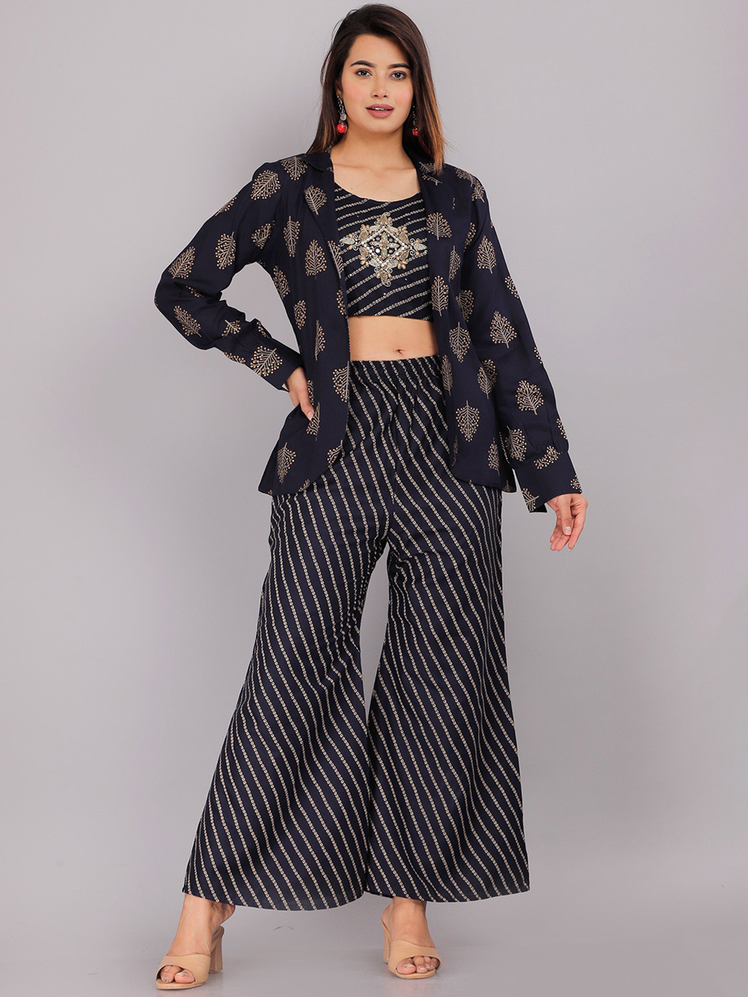 

HIGHLIGHT FASHION EXPORT Printed & Embellished Co-Ords With Overcoat, Navy blue