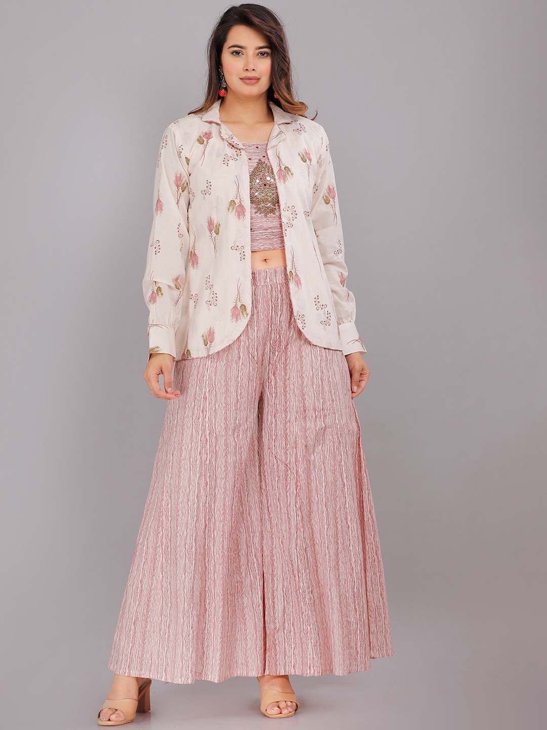 

HIGHLIGHT FASHION EXPORT Printed & Embellished Pure Cotton Co-Ords With Overcoat, Pink