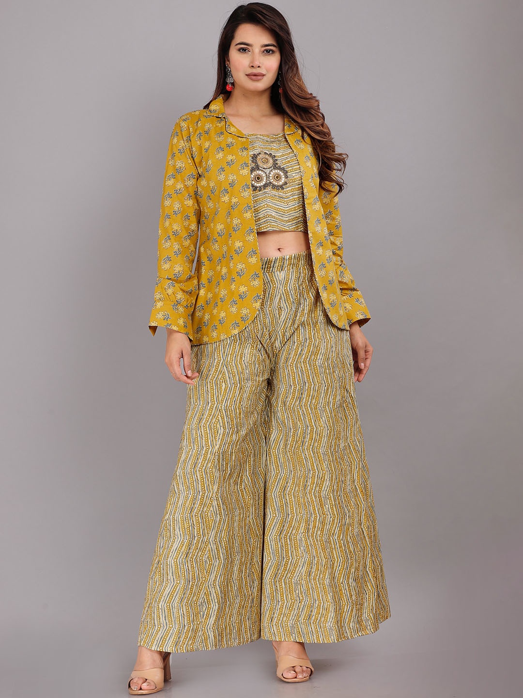 

HIGHLIGHT FASHION EXPORT Printed & Embellished Pure Cotton Co-Ords With Overcoat, Mustard