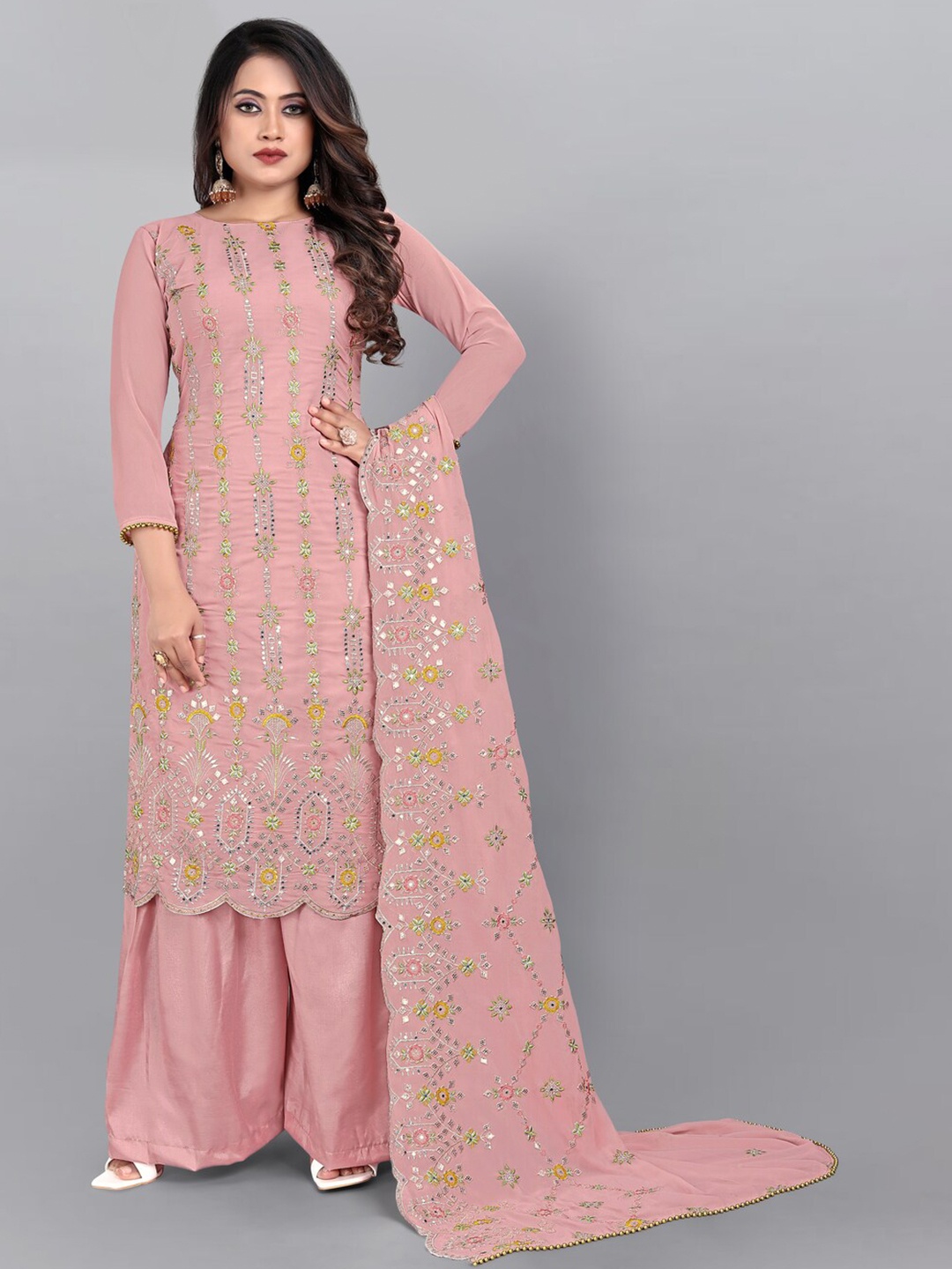 

kasee Floral Embroidered Mirror Work Semi-Stitched Dress Material, Peach