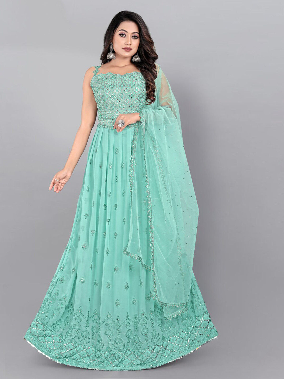 

kasee Embroidered Mirror Work Semi-Stitched Dress Material, Sea green