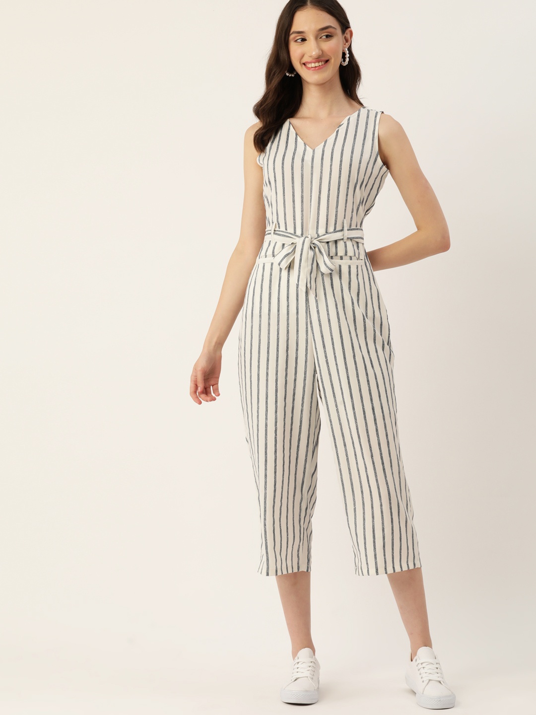 

DressBerry Striped Capri Jumpsuit, White