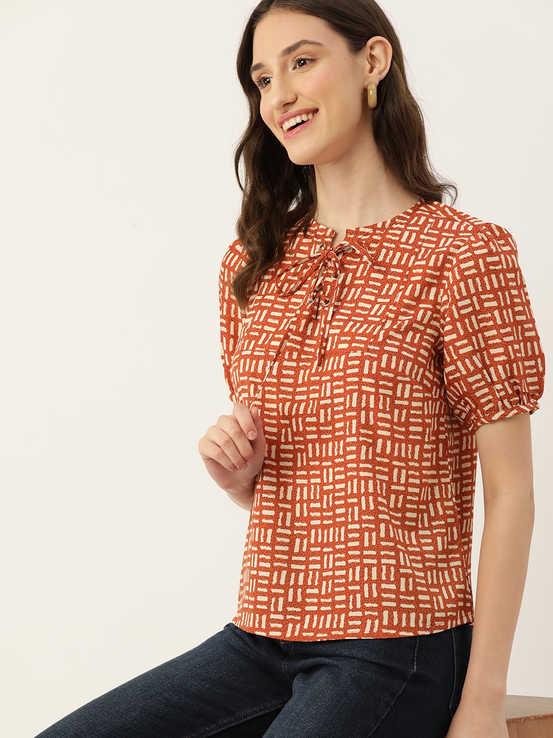 

DressBerry Geometric Print Tie-Up Neck Puff Sleeve Top, Rust