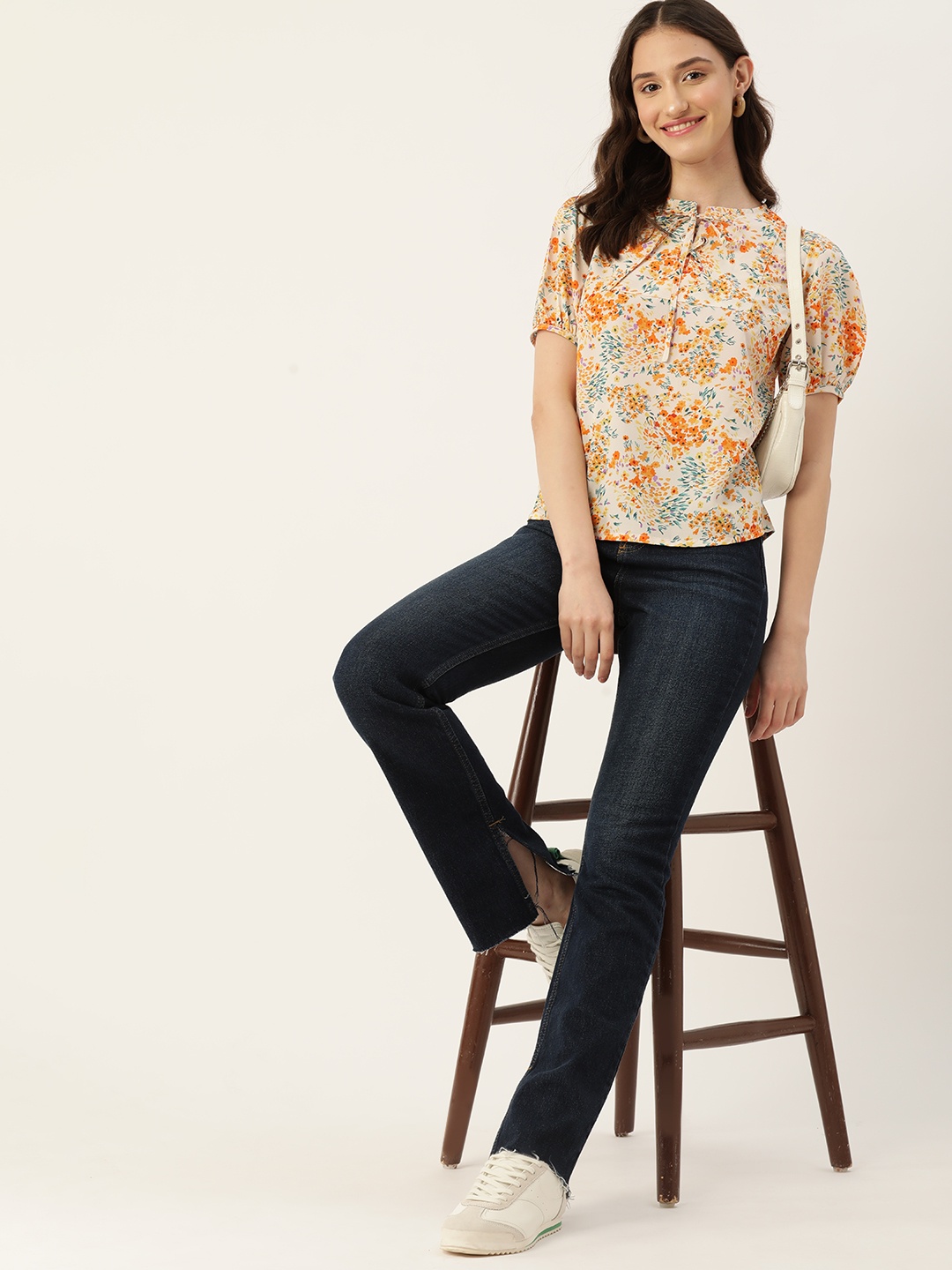 

DressBerry Floral Print Tie-Up Neck Puff Sleeve Top, Off white